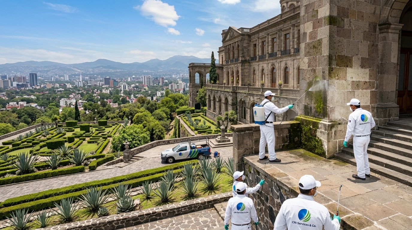 Equipo de CRI Services aplicando un tratamiento profesional en un edificio histórico
